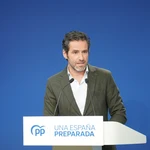 El portavoz de campaña de PP, Borja Sémper en rueda de prensa en la sede del PP