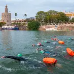Los ocho nadadores culminando el reto tras remontar los 90 kilómetros del Guadalquivir desde Sanlúcar 