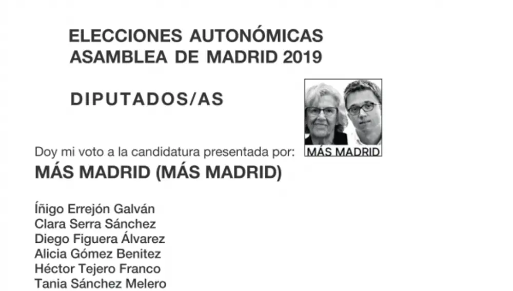 PAPELETA ELECTORAL DE MAS MADRID CON IÑIGO ERREJÓN Y MANUELA CARMENA EN LAS ELECCIONES AUTONÓMICAS EN 2019