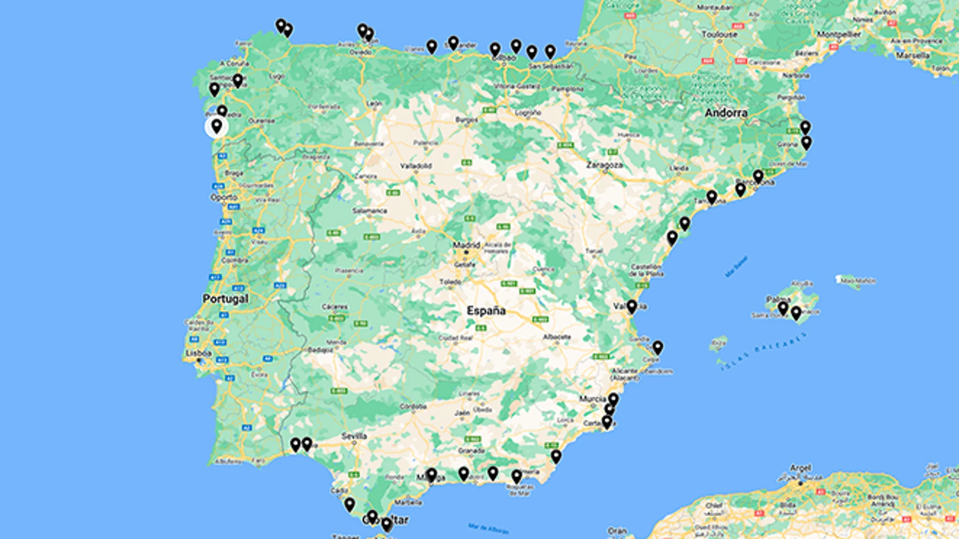El mapa con las peores playas de España.