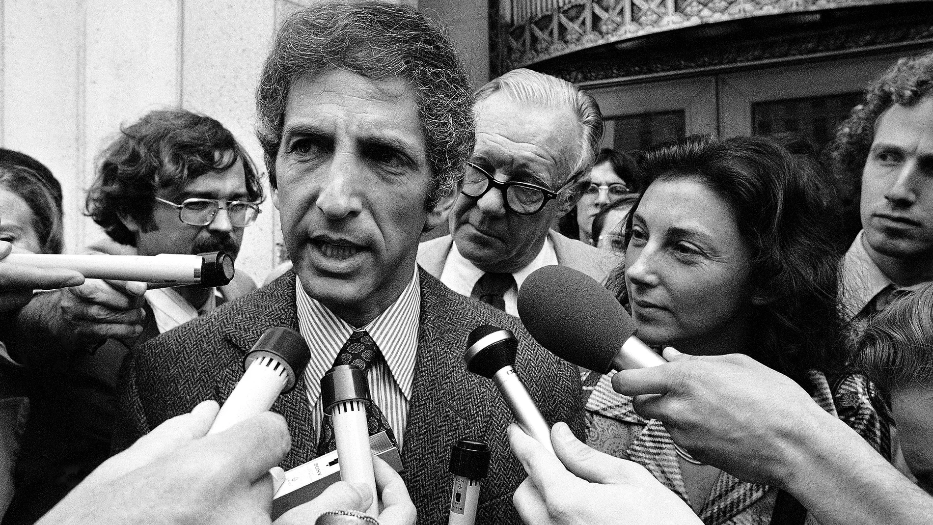 FILE - Daniel Ellsberg, co-defendant in the Pentagon Papers case, talks to media outside the Federal Building in Los Angeles, April 28, 1973. Ellsberg, the government analyst and whistleblower who leaked the “Pentagon Papers” in 1971, has died. He was 92. (AP Photo/Wally Fong, File)