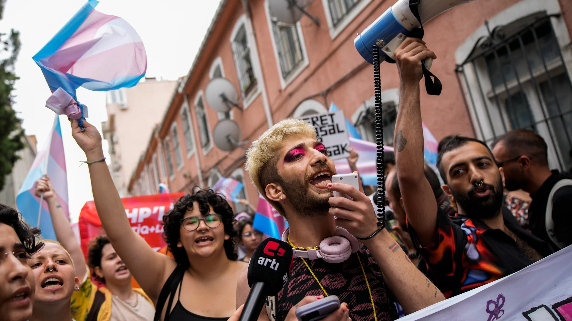 People shout slogans during a march in support of transgender people and their rights as part of the LGBTQ Pride week in Istanbul, Turkey, Sunday, June 18, 2023. (AP Photo/Emrah Gurel)