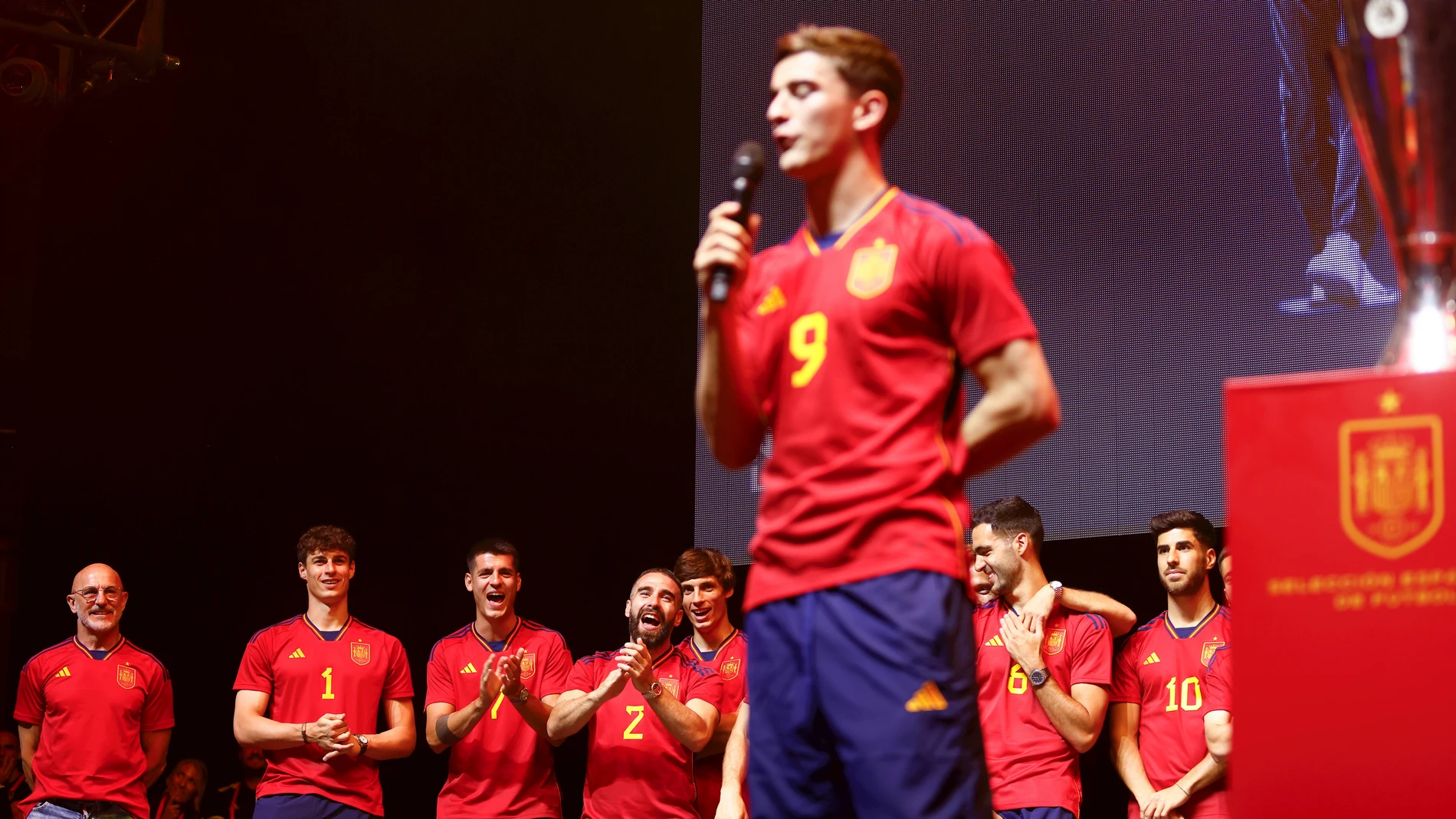 Players of Spain support to Gavi during the celebration of Spain Team after winning the UEFA Nations League at Wizink Center pavilion on June 19, 2023, in Madrid, Spain. Oscar J. Barroso / Afp7 19/06/2023 ONLY FOR USE IN SPAIN