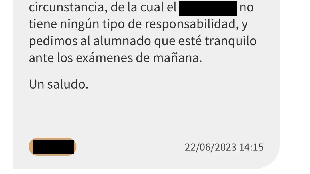 Mensaje desde el Instituto donde se les informa a los alumnos de que han sido perdidos sus exámenes