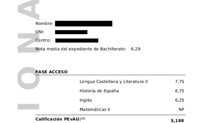 Imagen de las notas provisionales de Selectividad de un alumno donde aparece como 'no presentado' en las asignaturas de Física y Matemáticas II