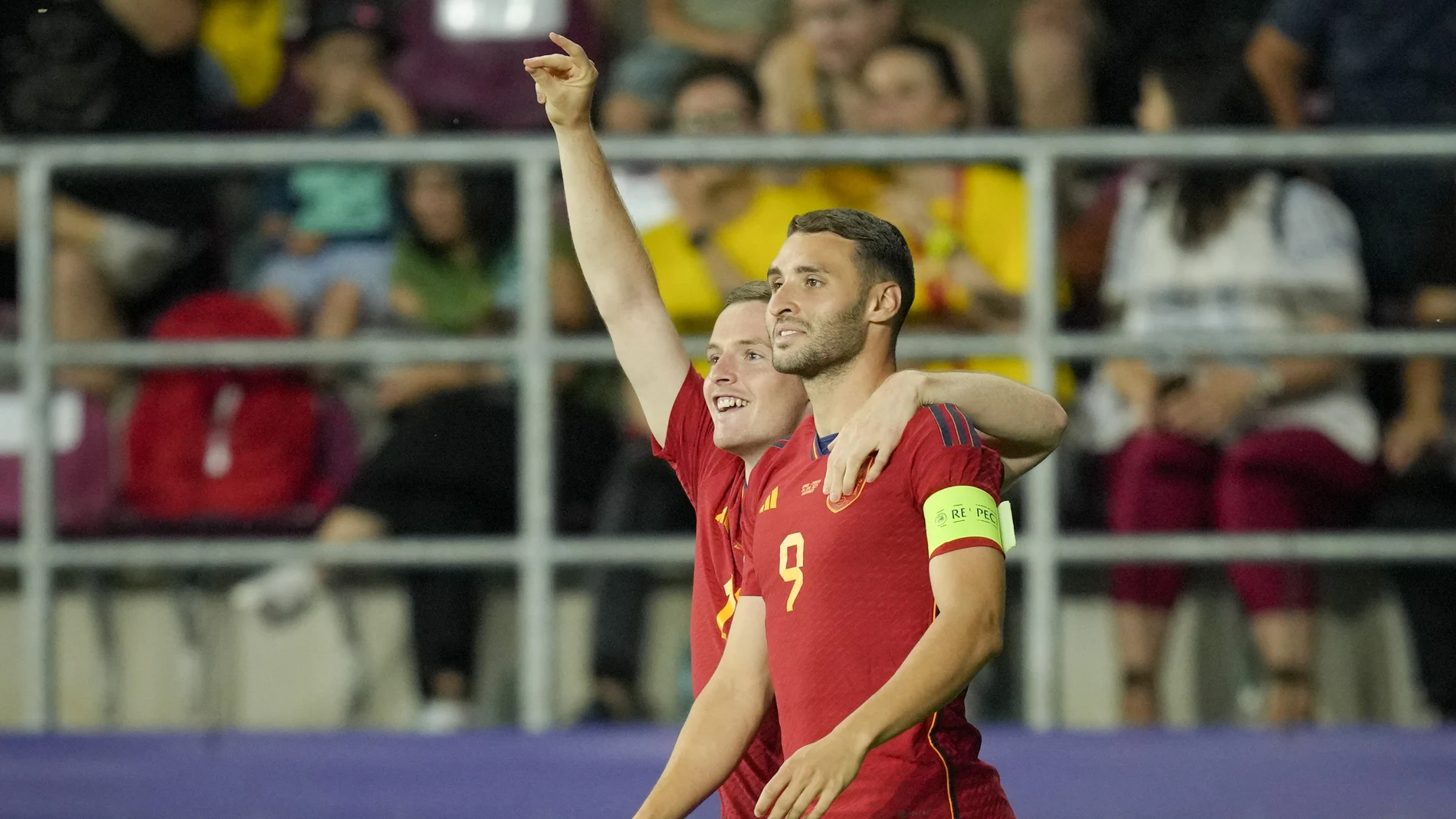 Abel Ruiz of Spain, right, celebrates after scoring his side's first goal during the Euro 2023 U21 Championship soccer match between Spain and Croatia at the Giulesti stadium in Bucharest, Romania, Saturday, June 24, 2023.
