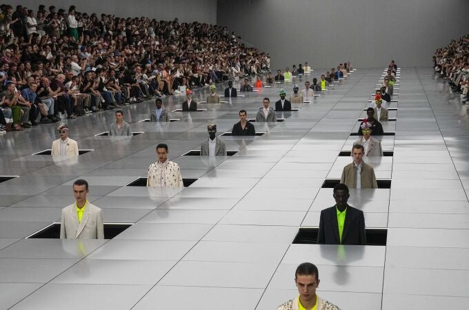 Models wear creations for the Dior Menswear Spring/Summer 2024 fashion collection presented in Paris, Friday, June 23, 2023. 
