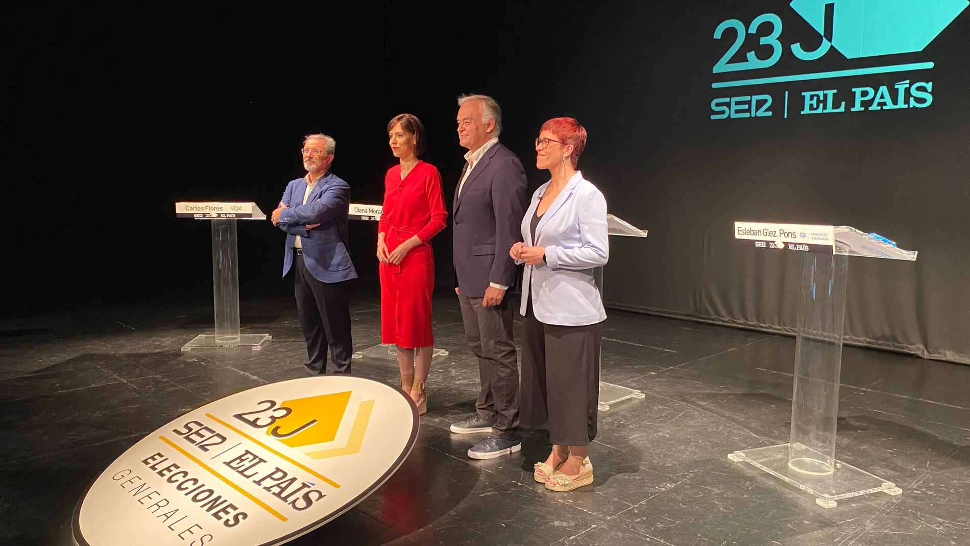 Carlos Flores (Vox), Diana Morant (PSOE), González Pons (PP) y Águeda Micó (Compromís Sumar)