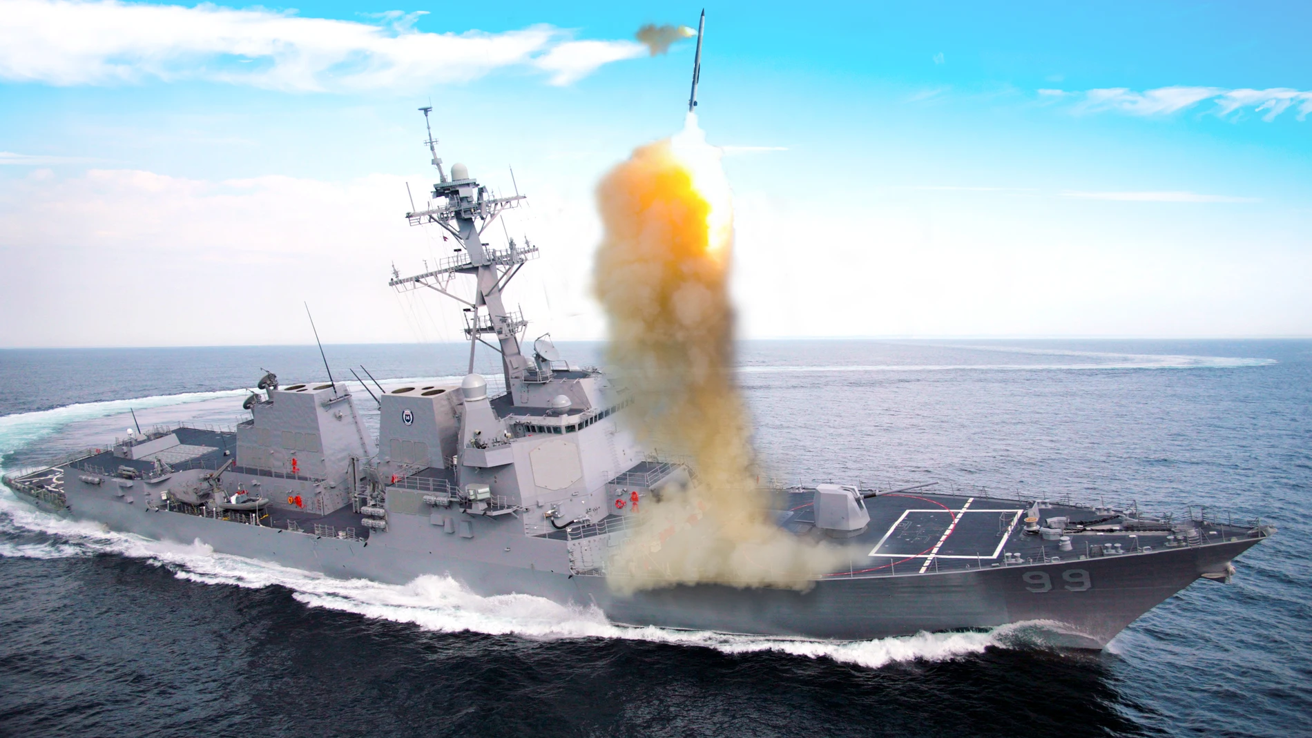 Un buque de guerra de la US Navy lanzando un misil desde el sistema Patriot