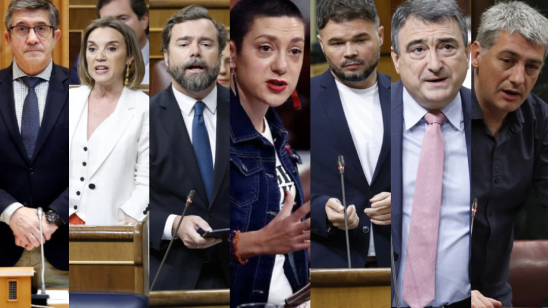 Patxi López (PSOE), Cuca Gamarra (PP), Iván Espinosa de los Monteros (VOX), Aina Vidal (Sumar), Gabriel Rufián (ERC), Aitor Esteban (PNV) y Oskar Matute (EH Bildu) 