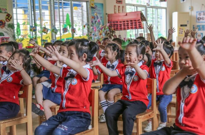 Niños un jardín de infancia en la ciudad de Yongzhou, en la provincia central china de Hunan, en mayo de 2020