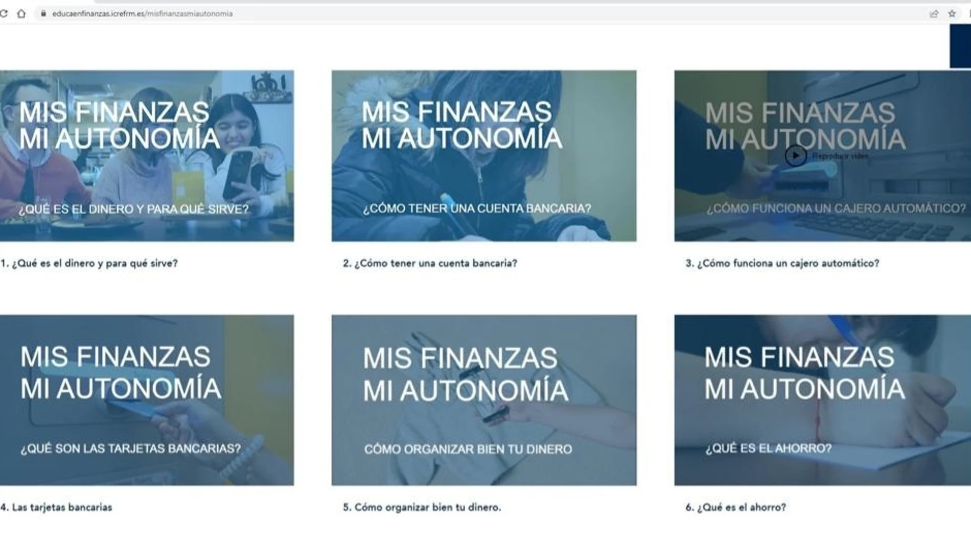 Imagen del apartado de la página web del Plan de Educación y Cultura Financiera de la Región de Murcia con los videos de la iniciativa ‘Mis finanzas, mi autonomía’