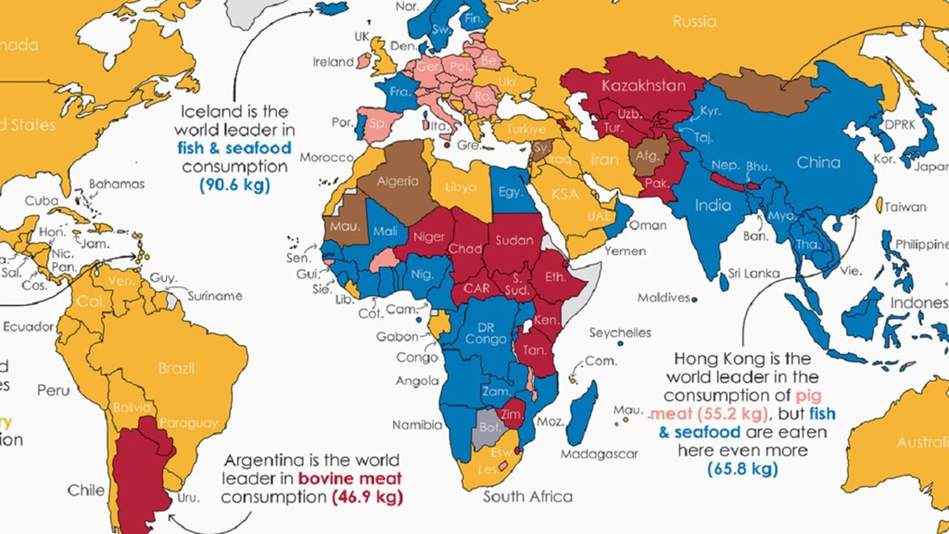 España entre el top 10 de consumo de carne en el mundo. Un Mapa de theWORLDMAPS a partir de información de la ONU.