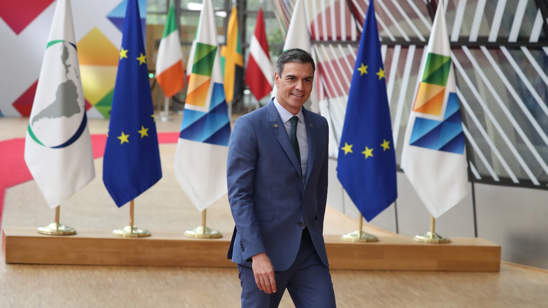 Prime Minister of Spain Pedro Sanchez arrives to talk to the press ahead of the EU - CELAC (Comunidad de Estados Latinoamericanos y Caribenos - Community of Latin American and Caribbean States) summit, in Brussels, Monday 17 July 2023. The EU-CELAC summits bring together European, Latin American and Caribbean heads of state and government to strengthen relations between these regions. Europa Press 17/07/2023