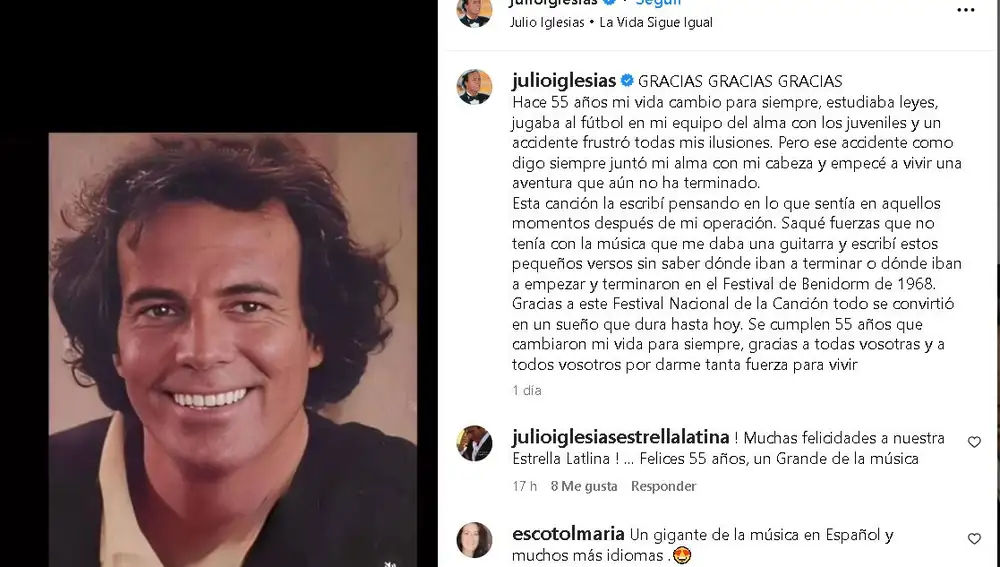 Julio Iglesias dando las gracias por estos 55 años en la música en su cuenta de Instagram