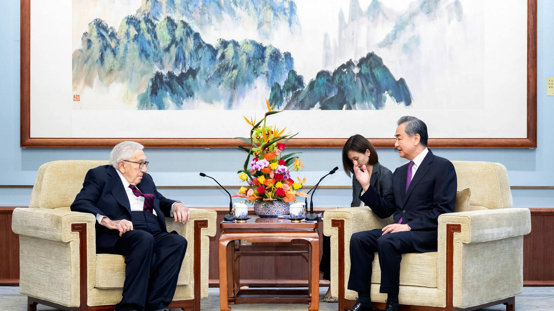 In this photo released by Xinhua News Agency, former Secretary of State Henry Kissinger, left, meets with the top diplomat of China's Communist Party, Wang Yi, in Beijing, Wednesday, July 19, 2023. Amid a steep downturn in relations with the United States, China has looked to a meeting with former U.S. national security adviser and Secretary of State Henry Kissinger to revive positive momentum. (Zhai Jianlan/Xinhua via AP)