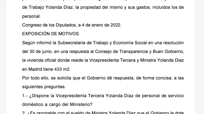 Sobre la vivienda que tiene asignada la Vicepresidenta Tercera y Ministra de Trabajo Yolanda Díaz.