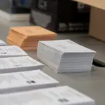 Papeletas y sobres de las candidaturas para el Congreso y el Senado preparadas en un colegio electoral