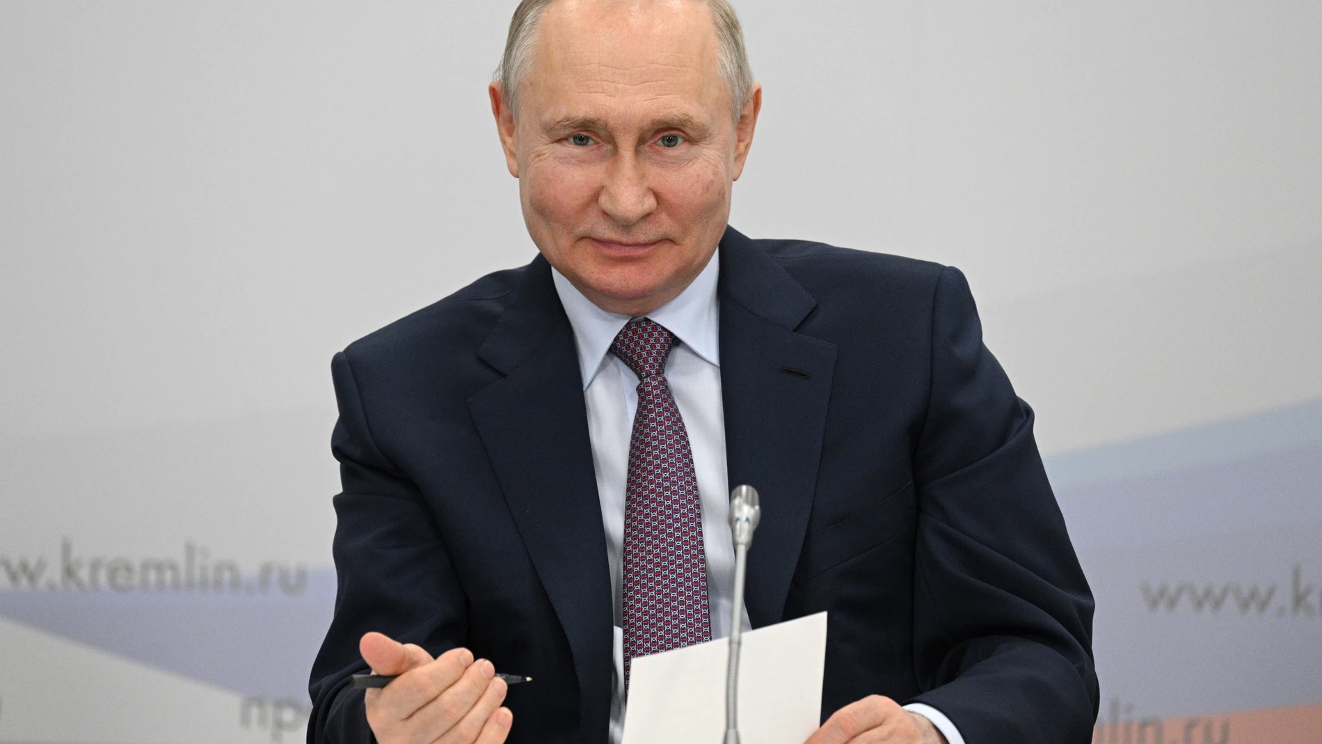 Russian President Vladimir Putin chairs a meeting on the development of restricted administrative areas and settlements in the Arctic zone, where military formations are deployed, in Severomorsk, Murmansk region, Russia, Thursday, July 20, 2023. (Ramil Sitdikov, Sputnik, Kremlin Pool Photo via AP)