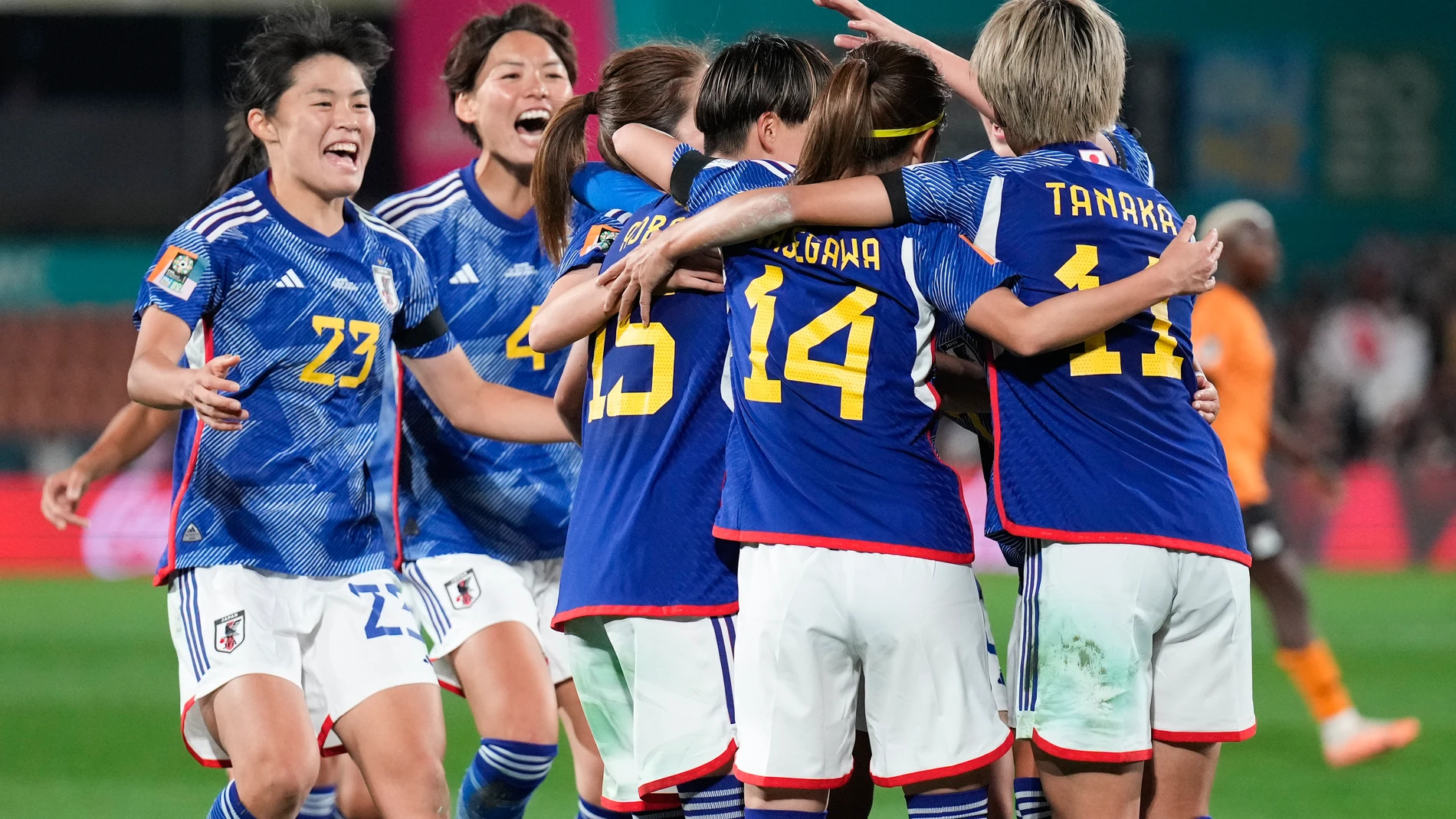 Japan celebrate after their first goal during the Women's World Cup Group C soccer match between Zambia and Japan in Hamilton, New Zealand, Saturday, July 22, 2023. (AP Photo/John Cowpland)