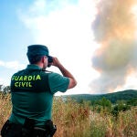 Un agente de la Guardia Civil observa el incendio