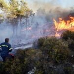 Imagen de las tareas de extinción de un incendio forestal en Grecia