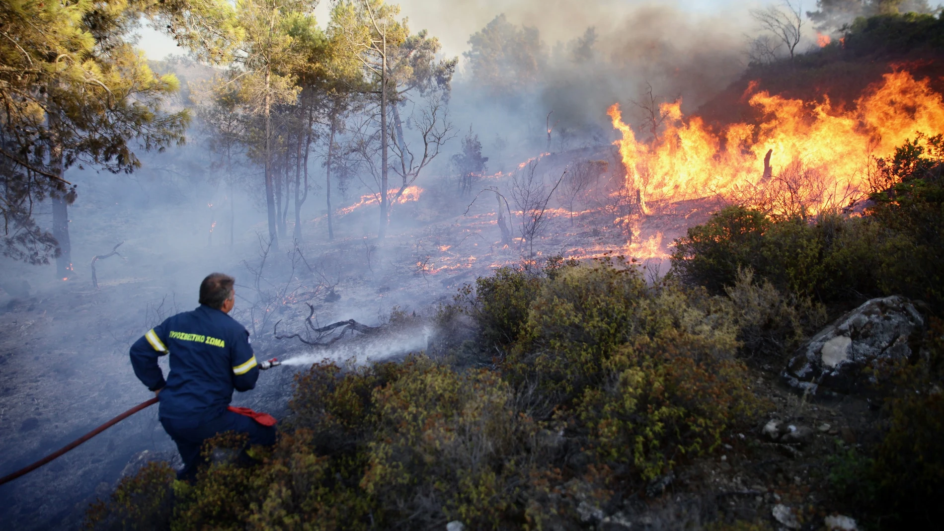 Imagen de las tareas de extinción de un incendio forestal en Grecia