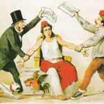 En esta caricatura de la revista «La Flaca», publicada el 1 de mayo de 1873, se representa la pugna entre los defensores de la república unitaria (izda.) y los de la república federal