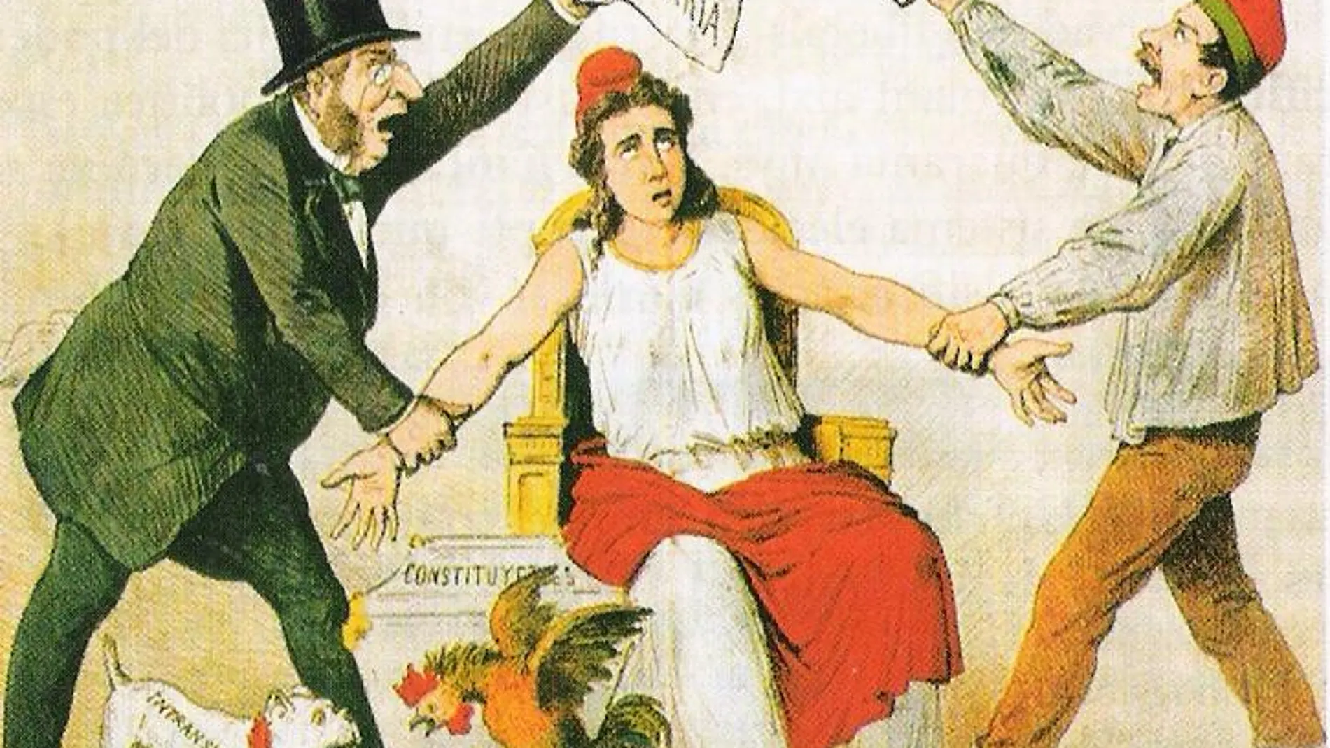 En esta caricatura de la revista «La Flaca», publicada el 1 de mayo de 1873, se representa la pugna entre los defensores de la república unitaria (izda.) y los de la república federal