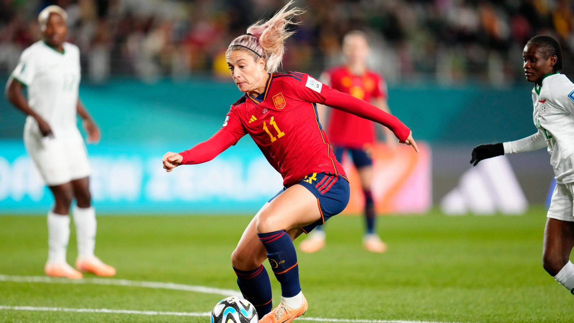 Spain's Alexia Putellas runs with the ball during the Women's World Cup Group C soccer match between Spain and Zambia at Eden Park in Auckland, New Zealand, Wednesday, July 26, 2023. (AP Photo/Abbie Parr)