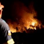 Un bombero observa un incendio forestal 
