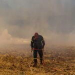 Un bombero intenta apagar un incendio forestal en Velestino, prefectura de Magnesia, Grecia, el 27 de julio de 2023. Los incendios forestales se reavivaron en la zona del gran Volos, en el frente costero de Volos, desde la propia ciudad hasta Nea Anchialos, a 18 km al sureste de Volos, incluidos los pueblos de Megali Velanidia, Marathos y Kritharia