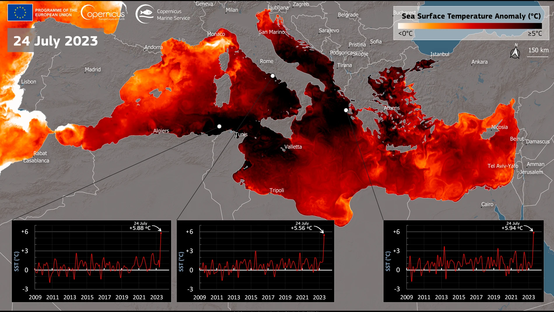 Temperatura de la superficie del Mar Mediterráneo este 24 de julio de 2023