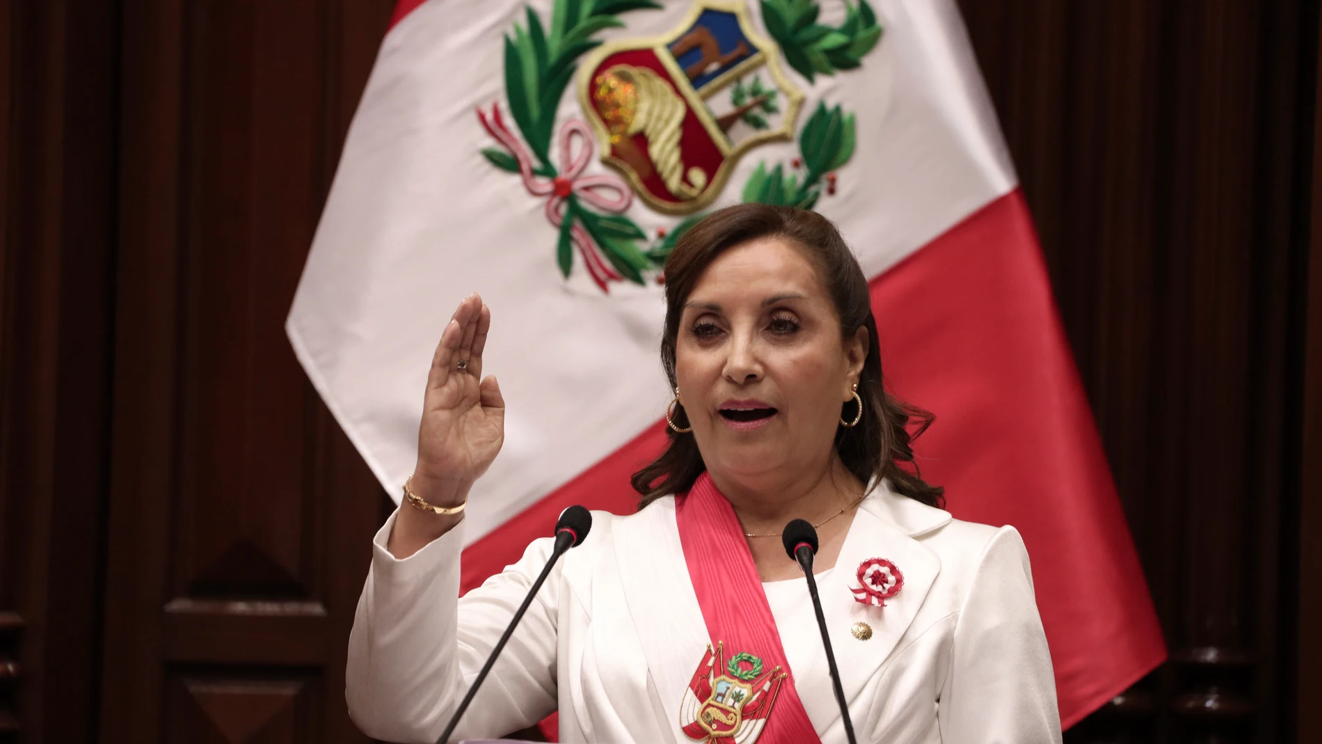 Peruvian President Dina Boluarte delivers her first annual address to Congress in Lima, Peru, Friday, July 28, 2023. Boluarte was sworn-in as the new president on Dec. 2022 after the ouster of her predecessor Pedro Castillo (Aldair Mejia/Pool photo via AP)
