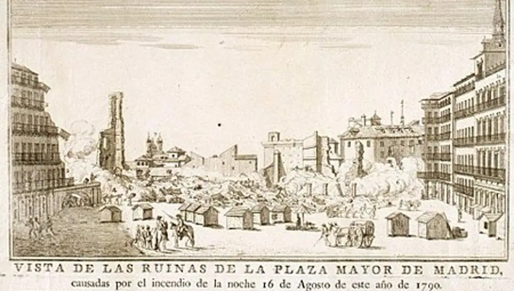 Imagen de las ruinas de la Plaza Mayor de Madrid, en el entorno del palacio de los Cinco Gremios