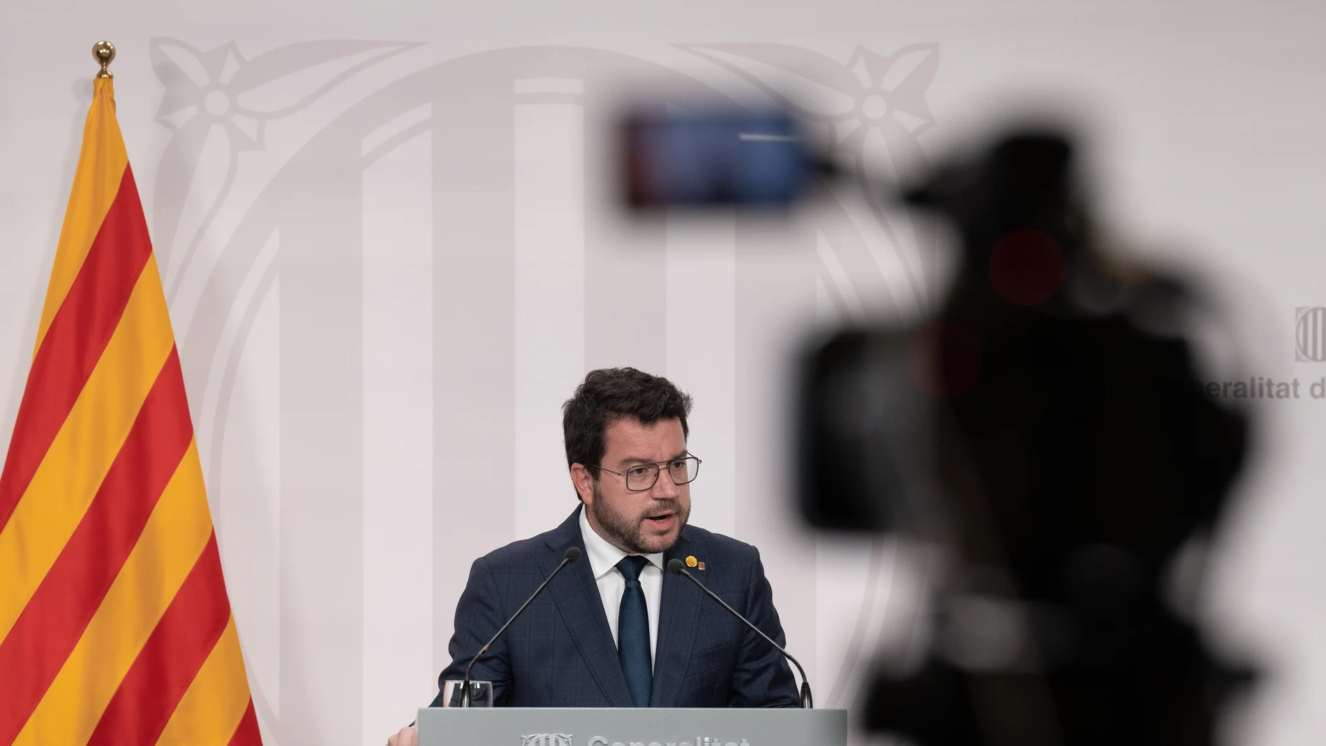 El president de la Generalitat, Pere Aragonès, interviene durante una rueda de prensa