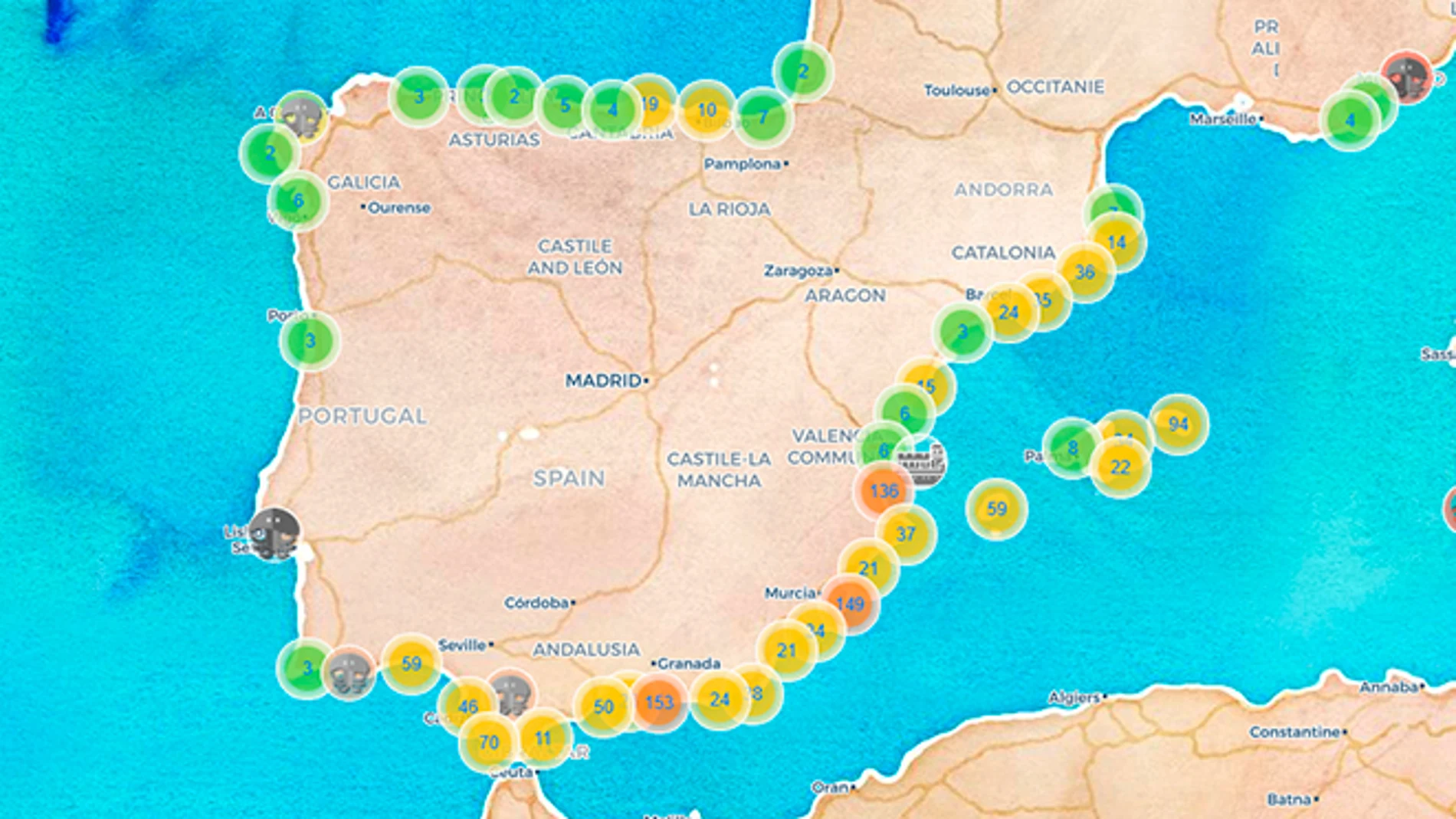 El Google Maps de las playas con medusas en España y dónde están picando. 