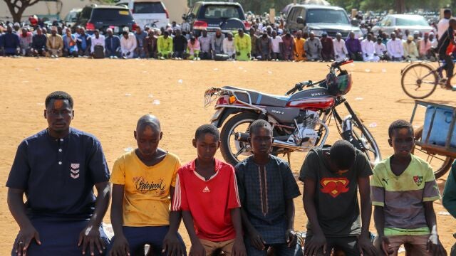 Supporters of the junta pray for peace and for the soldiers of Niger during a special prayer session at the Mosque in Niamey, Niger