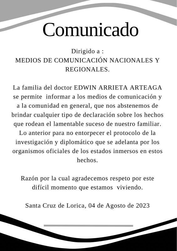 Comunicado de la familia de Edwin Arrieta