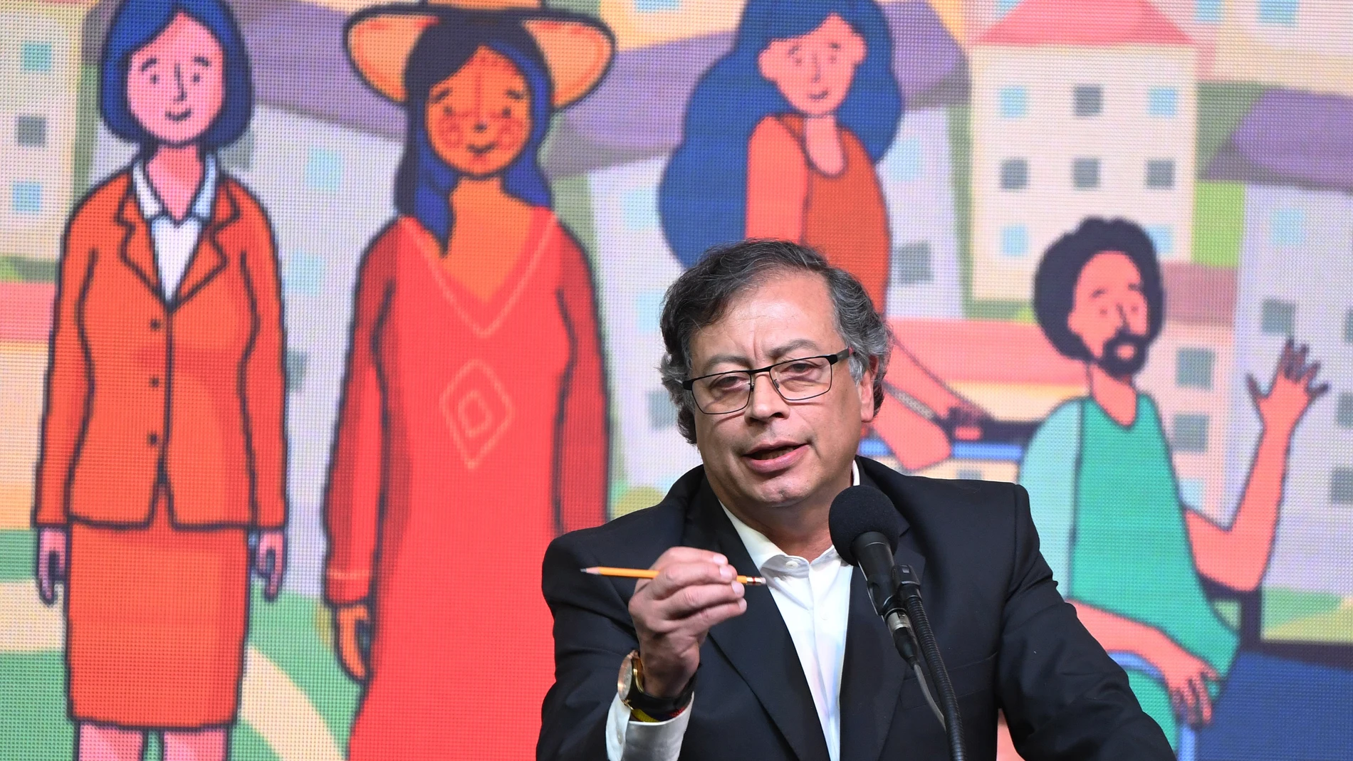 Colombian President Gustavo Petro speaks during a meeting between the government, the National Liberation Army (ELN) guerrilla leadership, and civil organizations in Bogota.