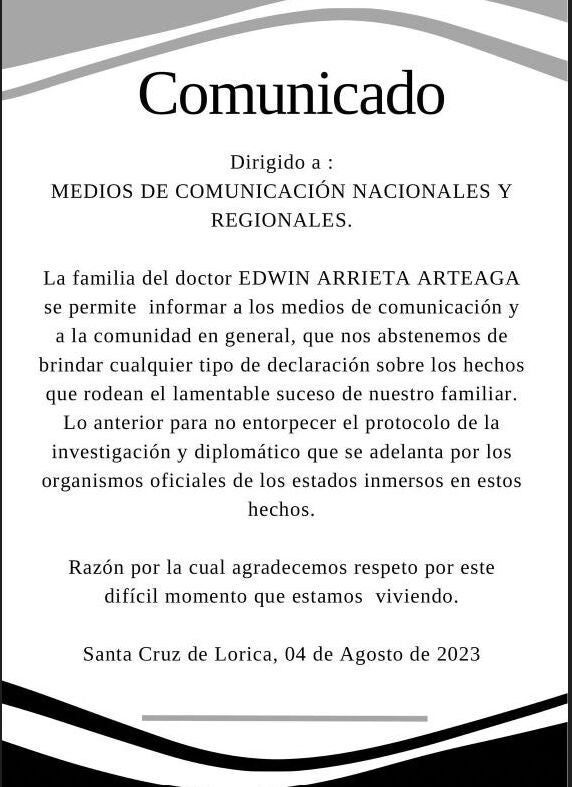 Comunicado de los familiares de Edwin Arrieta, el cirujano asesinado presuntamente por Daniel Sancho, hijo del actor español Rodolfo Sancho