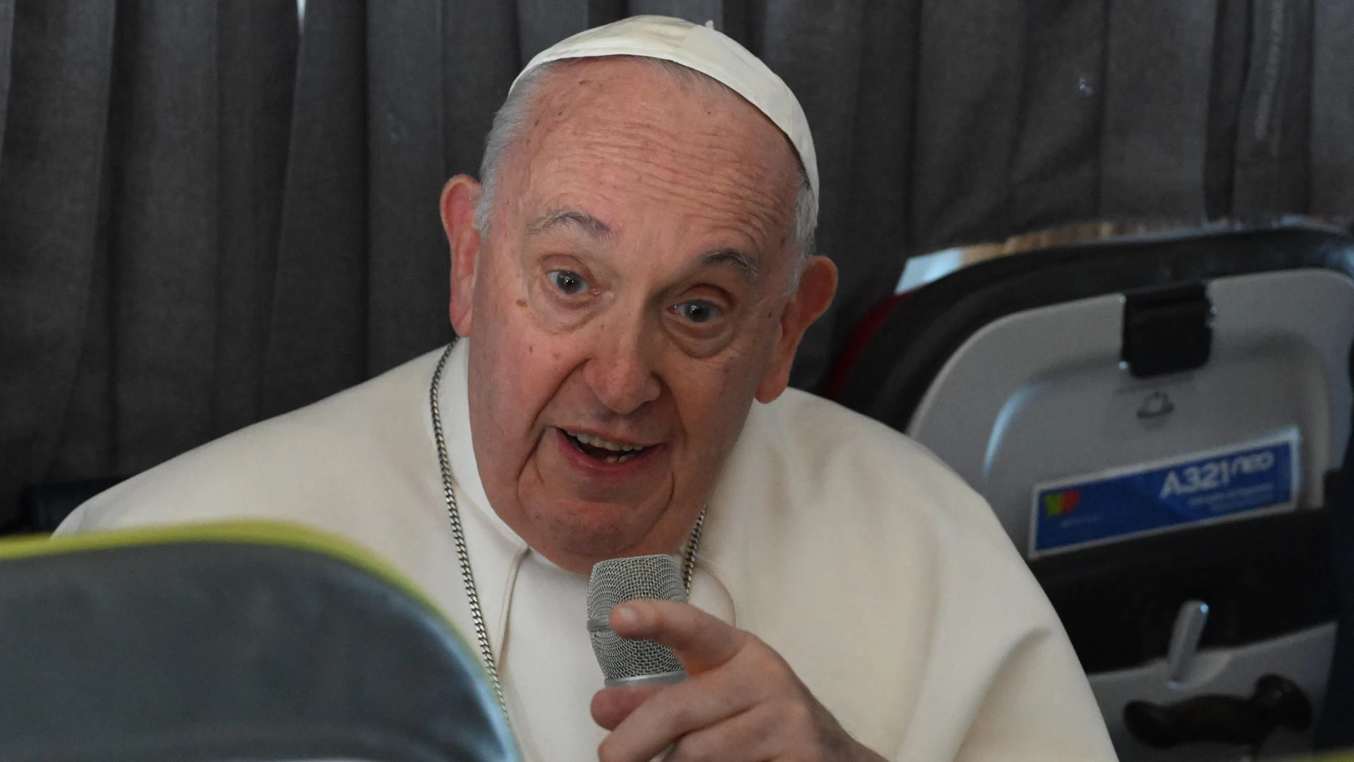 Pope Francis speaks with journalists during a press conference aboard the papal airplane heading to Rome, at the end of the 37th World Youth Day in Lisbon, Portugal, 06 August 2023. 