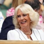 Queen Camilla sits in the royal box on Day Ten of the 2023 Wimbledon Championships