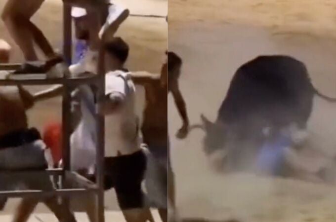 Un joven es embestido por un vaquilla en plena pelea 