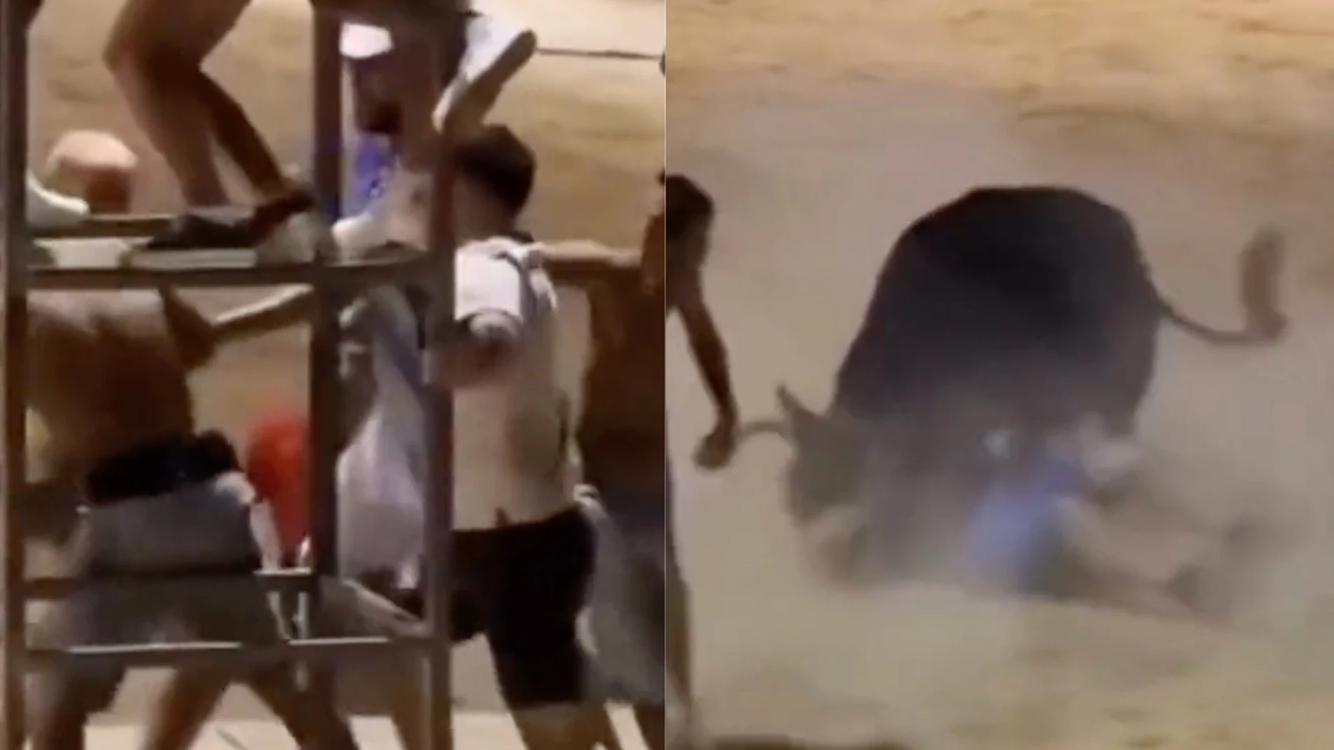 Un joven es embestido por un vaquilla en plena pelea 