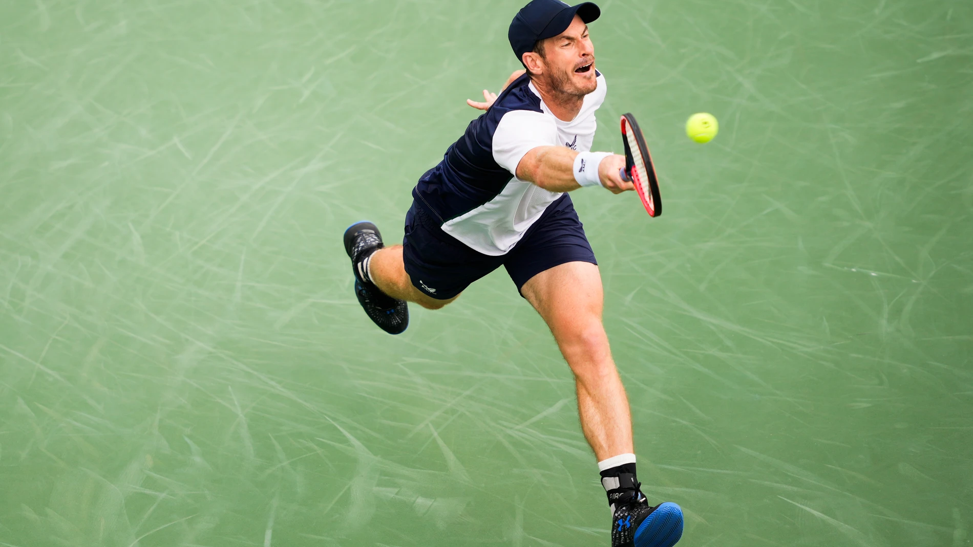 Britain's Andy Murray returns a shot to Italy's Lorenzo Sonego at the National Bank Open men's tennis tournament in Toronto, Tuesday, Aug. 8, 2023. (Mark Blinch/The Canadian Press via AP)