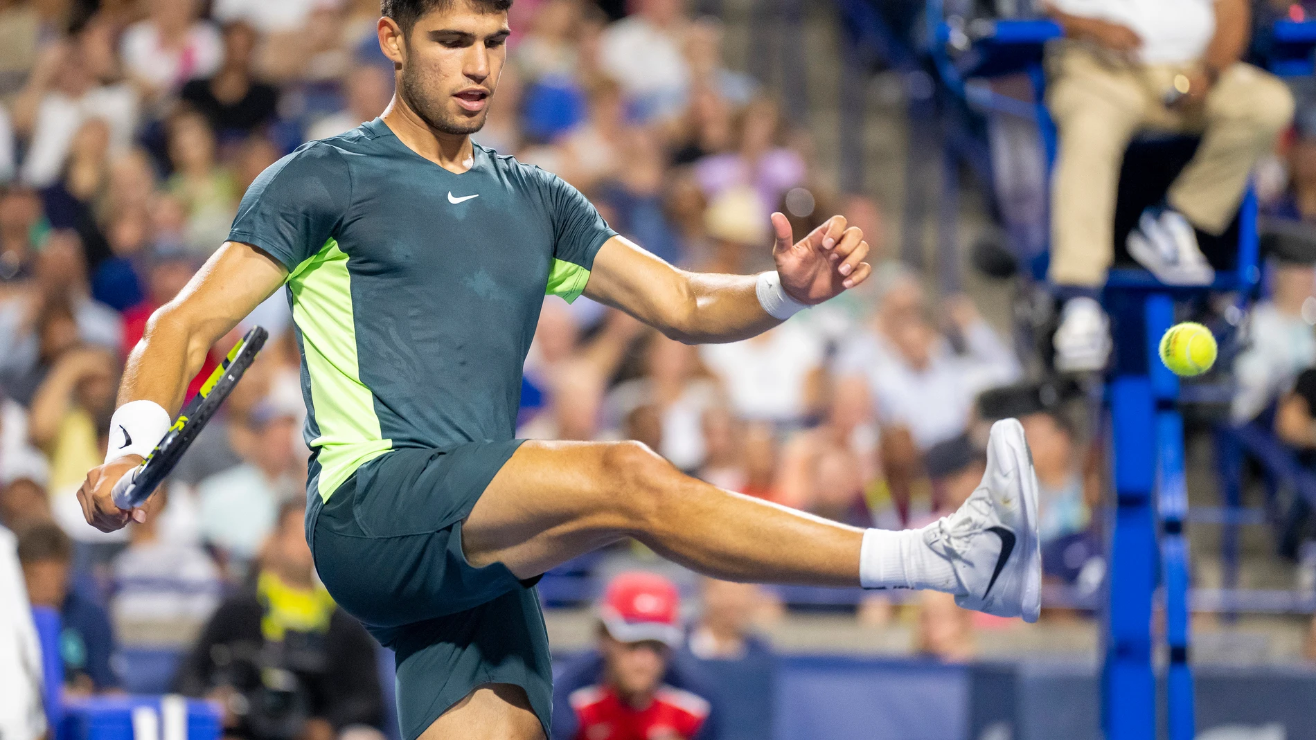Carlos Alcaraz, of Spain, kicks the ball after hitting a volley into the net during his loss to Tommy Paul, of the United States, at the National Bank Open men’s tennis tournament Friday, Aug. 11, 2023, in Toronto. (Frank Gunn/The Canadian Press via AP)