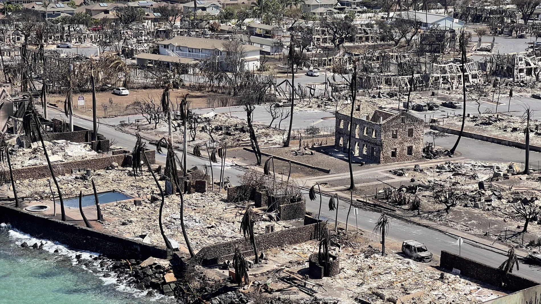 A handout photo made available by the Hawaii Department of Department of Land and Natural Resources shows an aerial view of the wildfire aftermath in Lahaina on Maui, 