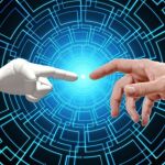 Representación artística de la inteligencia artificial mostrando un dedo humano tocando un dedo de robot 
