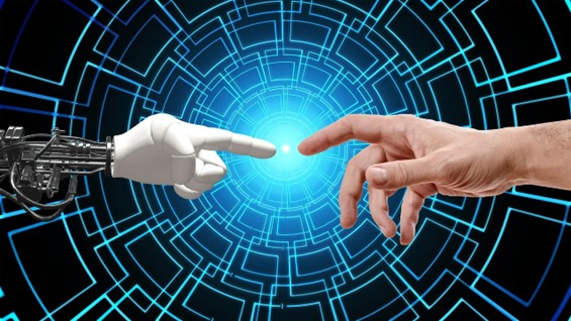 Representación artística de la inteligencia artificial mostrando un dedo humano tocando un dedo de robot 